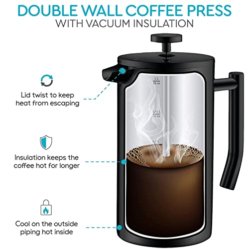 French Press Coffee Maker - Double Wall Insulated 304 Stainless Steel Coffee Maker 4 Level Filtration System - 2x Filter & Coffee Spoo Coffee Press Tea Makrer, 34oz (1 Litre) - Black