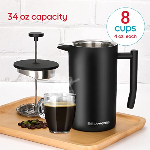 French Press Coffee Maker - Double Wall Insulated 304 Stainless Steel Coffee Maker 4 Level Filtration System - 2x Filter & Coffee Spoo Coffee Press Tea Makrer, 34oz (1 Litre) - Black