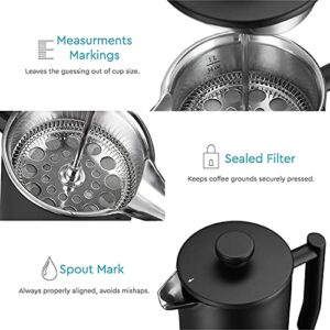 French Press Coffee Maker - Double Wall Insulated 304 Stainless Steel Coffee Maker 4 Level Filtration System - 2x Filter & Coffee Spoo Coffee Press Tea Makrer, 34oz (1 Litre) - Black