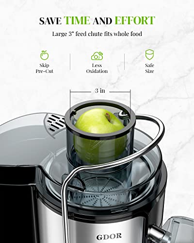 Juicer Machines with 1000W Motor, GDOR Extra Wide 3” Feed Chute Juicer, Juice Extractor for Whole Fruits and Vegetables, Easy to Clean Juice Maker, Centrifugal Juicer, BPA-Free, Anti-Drip, Silver