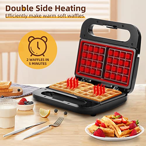 Grsimetia Waffle Maker, 2 Slices Mini Waffle Iron, Non-Stick Small Waffle Maker Mini with Indicator Lights, Compact Chaffle Maker for Breakfast, Easy to Clean, PFOA Free, Black