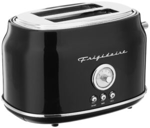 frigidaire eto102-black, 2 slice toaster, retro style, wide slot for bread, english muffins, croissants, and bagels, 5 adjustable toast settings, cancel and defrost, 900w, black