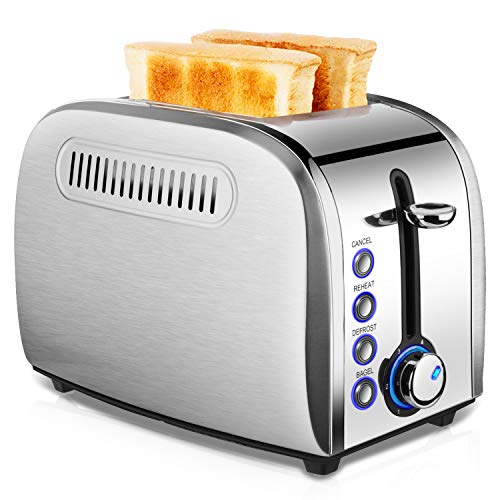 Toaster 2 Slice Best Rated - Stainless Steel Toaster Easy To Use with Removable Crumb Tray Two Slice Toaster with 2 Slice Extra Wide Slots for Bagels, Cancel/ Defrost/ 6 Bread Shade Settings/ Reheat Function