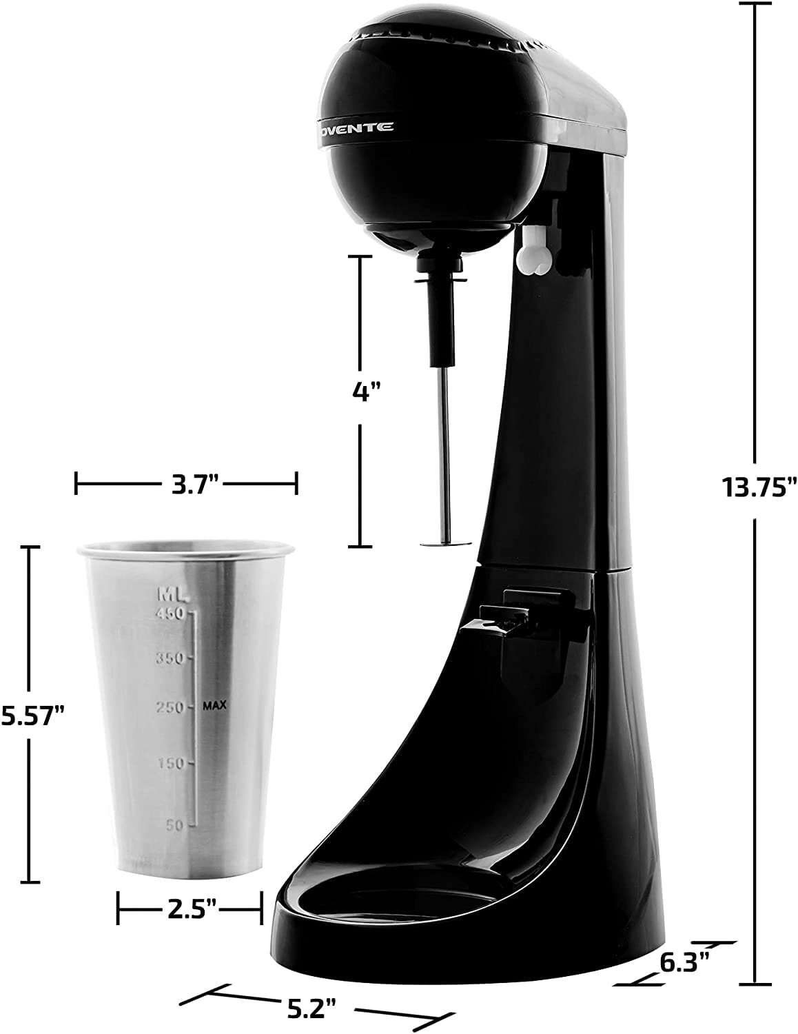 OVENTE Classic Milkshake Maker Machine 2 Speed with 15.2 Oz Stainless Steel Mixing Cup, Compact & Easy Clean Drink Mixer Blender for Malted Milk, Soft Ice Cream, and Protein Shakes, Black MS2070B