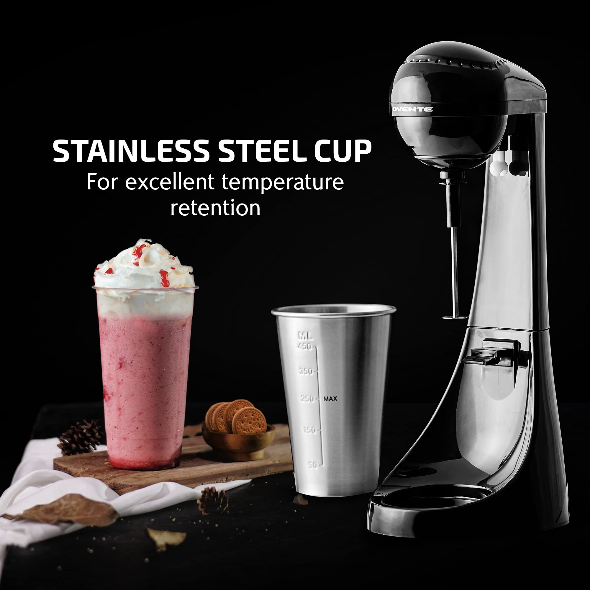 OVENTE Classic Milkshake Maker Machine 2 Speed with 15.2 Oz Stainless Steel Mixing Cup, Compact & Easy Clean Drink Mixer Blender for Malted Milk, Soft Ice Cream, and Protein Shakes, Black MS2070B