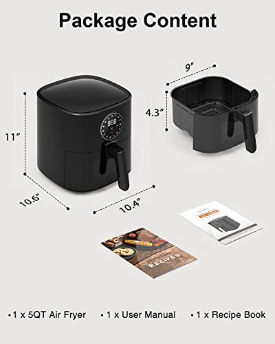 CROWNFUL 5 Quart Air Fryer with Viewing Window, Oilless Cooker, LCD Digital Touch Screen, 7 Cooking Presets and 53 Recipes, Nonstick Basket, Easy to Clean, 1500W ETL Listed (Black)