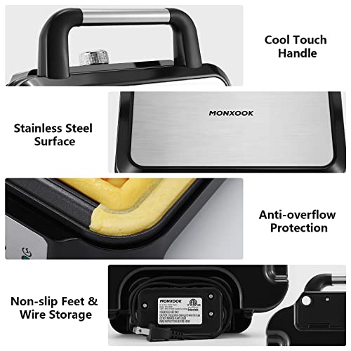 Extra Deep Belgian Waffle Maker MONXOOK, 2-Slice Non-Stick Waffle Iron with 5 Browning Knob, Classic 1" Thick Waffles, Anti-overflow, Recipes Included, PFOA Free, Stainless Steel