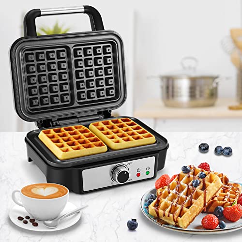 Extra Deep Belgian Waffle Maker MONXOOK, 2-Slice Non-Stick Waffle Iron with 5 Browning Knob, Classic 1" Thick Waffles, Anti-overflow, Recipes Included, PFOA Free, Stainless Steel