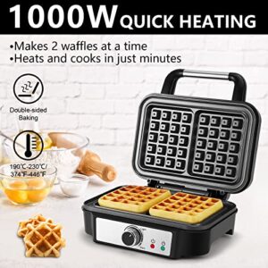 Extra Deep Belgian Waffle Maker MONXOOK, 2-Slice Non-Stick Waffle Iron with 5 Browning Knob, Classic 1" Thick Waffles, Anti-overflow, Recipes Included, PFOA Free, Stainless Steel