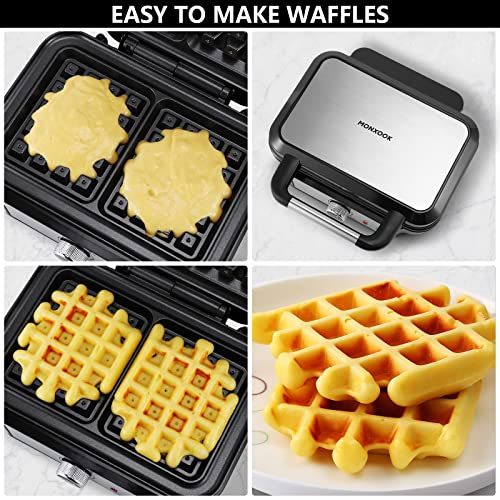 Extra Deep Belgian Waffle Maker MONXOOK, 2-Slice Non-Stick Waffle Iron with 5 Browning Knob, Classic 1" Thick Waffles, Anti-overflow, Recipes Included, PFOA Free, Stainless Steel