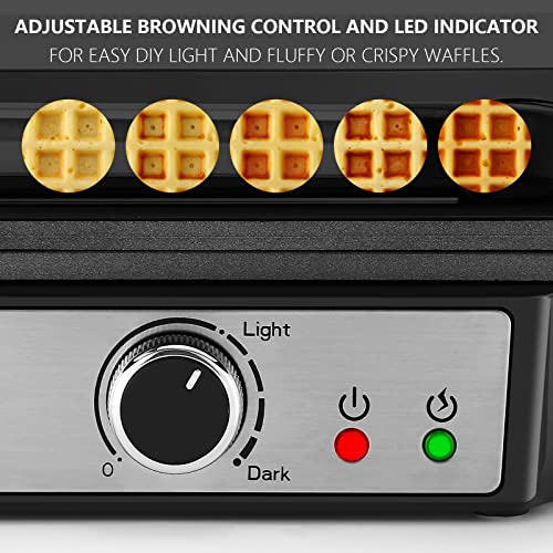 Extra Deep Belgian Waffle Maker MONXOOK, 2-Slice Non-Stick Waffle Iron with 5 Browning Knob, Classic 1" Thick Waffles, Anti-overflow, Recipes Included, PFOA Free, Stainless Steel