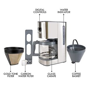 Kenmore Aroma Control 12-Cup Programmable Coffee Maker, Stainless Steel Drip Coffee Machine, Glass Carafe, Reusable Filter, Timer, Digital Display, Charcoal Water Filter, Regular or Bold