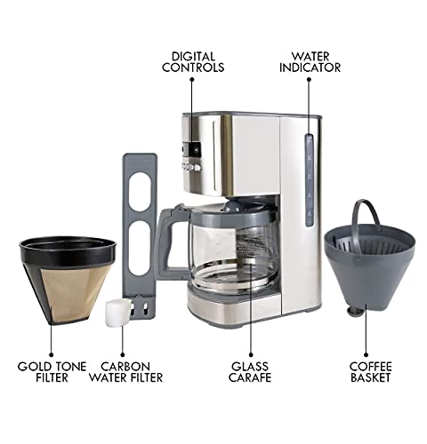 Kenmore Aroma Control 12-Cup Programmable Coffee Maker, Stainless Steel Drip Coffee Machine, Glass Carafe, Reusable Filter, Timer, Digital Display, Charcoal Water Filter, Regular or Bold