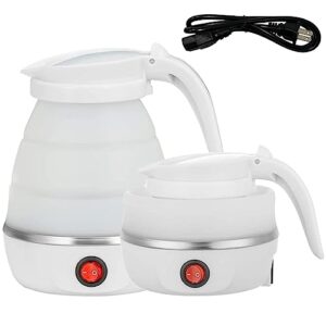 Foldable Electric Travel Kettle - Portable and Convenient Silicone Collapsible Water Boiler and Tea Pot for Camping - Easy Storage with Detachable Power Cord （White）