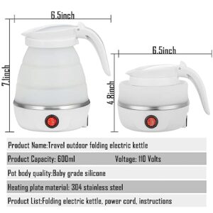 Foldable Electric Travel Kettle - Portable and Convenient Silicone Collapsible Water Boiler and Tea Pot for Camping - Easy Storage with Detachable Power Cord （White）