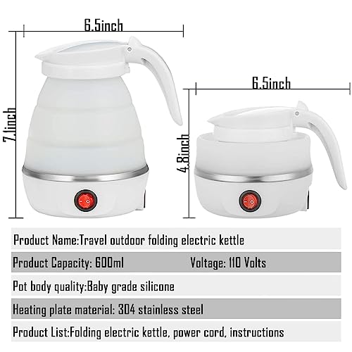 Foldable Electric Travel Kettle - Portable and Convenient Silicone Collapsible Water Boiler and Tea Pot for Camping - Easy Storage with Detachable Power Cord （White）