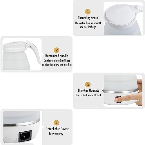 Foldable Electric Travel Kettle - Portable and Convenient Silicone Collapsible Water Boiler and Tea Pot for Camping - Easy Storage with Detachable Power Cord （White）