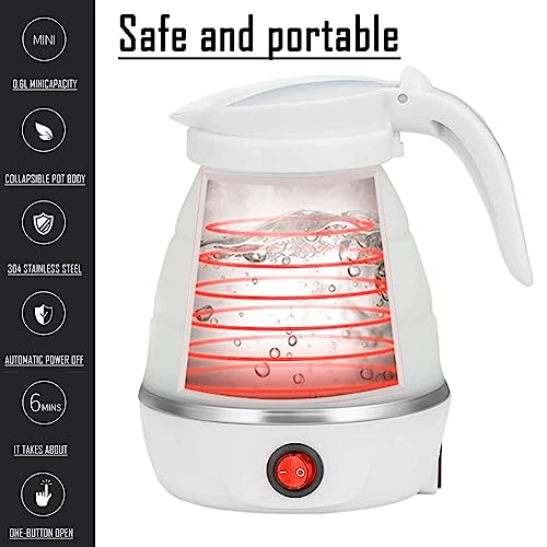 Foldable Electric Travel Kettle - Portable and Convenient Silicone Collapsible Water Boiler and Tea Pot for Camping - Easy Storage with Detachable Power Cord （White）