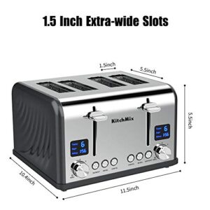 KitchMix Toaster 4 Slice, Bagel Stainless Toaster with LCD Timer, Extra Wide Slots, Dual Screen, Removal Crumb Tray (Gray)