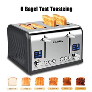 KitchMix Toaster 4 Slice, Bagel Stainless Toaster with LCD Timer, Extra Wide Slots, Dual Screen, Removal Crumb Tray (Gray)