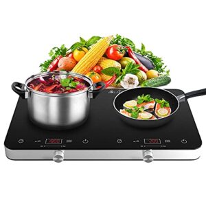 cooktron double induction cooktop burner, 1800w 2 burner induction cooker cooktop, 10 temperature 9 power settings portable electric countertop burner touch stove with child safety lock & timer