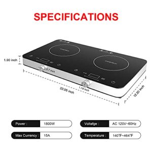 COOKTRON Double Induction Cooktop Burner, 1800w 2 burner Induction Cooker Cooktop, 10 Temperature 9 Power Settings Portable Electric Countertop Burner Touch Stove with Child Safety Lock & Timer