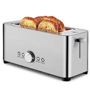 redmond toaster 4 slice, stainless steel toaster with bagel, defrost, reheat function, extra wide slots long slot toaster, 6 browning settings and removable crumb tray, silver