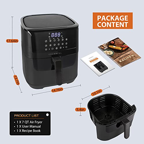 CROWNFUL 7 Quart Air Fryer, Oilless Electric Cooker with 12 Cooking Functions, LCD Digital Touch Screen with Precise Temperature Control, Nonstick Basket, 1700W, UL Listed-Black