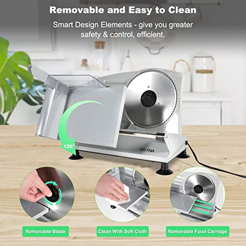 OSTBA Meat Slicer, Electric Deli Food Slicer with Removable Stainless Steel Blades, Adjustable Thickness Meat Slicer for Home Use, Easy to Clean, Ideal for Cold Cuts, Cheese, Bread, 150W