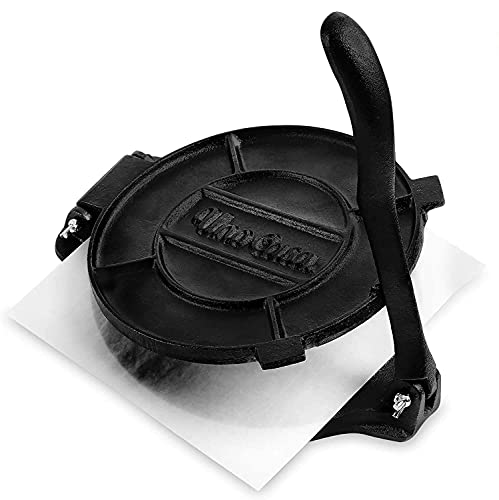 Uno Casa Cast Iron 10 Inch Tortilla Press - Pre-Seasoned Quesadilla Maker, Tortilla and Roti Maker With Bonus 100 Pcs Parchment Paper - Pataconera for Flour Tortilla, Tawa or Dosa