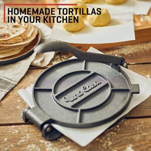 Uno Casa Cast Iron 10 Inch Tortilla Press - Pre-Seasoned Quesadilla Maker, Tortilla and Roti Maker With Bonus 100 Pcs Parchment Paper - Pataconera for Flour Tortilla, Tawa or Dosa