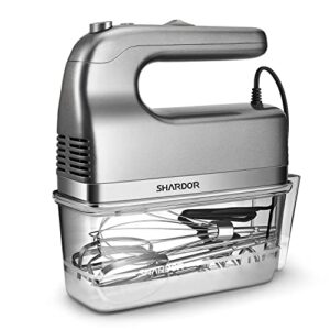shardor hand mixer, 350w handheld mixer with storage case 5-speed plus turbo hand mixer electric with 5 stainless steel attachments(2 beaters, 2 dough hooks and 1 whisk), silver