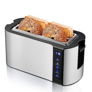 elite gourmet ect5322 long slot 4 slice toaster, countdown timer, bagel function, 6 toast setting, defrost, cancel function, built-in warming rack, extra wide slots for bagels waffles, stainless steel