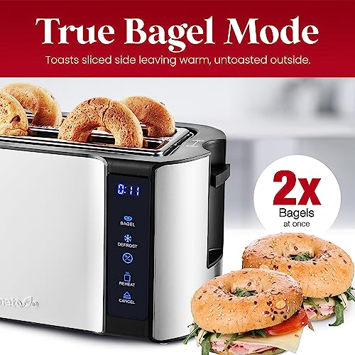 Elite Gourmet ECT5322 Long Slot 4 Slice Toaster, Countdown Timer, Bagel Function, 6 Toast Setting, Defrost, Cancel Function, Built-in Warming Rack, Extra Wide Slots for Bagels Waffles, Stainless Steel