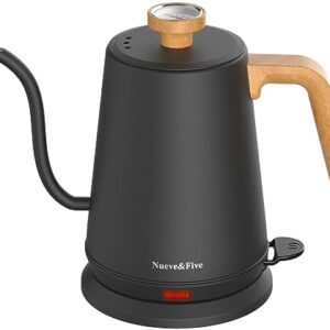 Nueve&Five Gooseneck Electric Kettle with Thermometer， Black Electric Kettle 1L with Auto Shut-Off，1000W Hot Water Kettle of Stainless Steel， Pour Over Kettle for Coffee & Tea