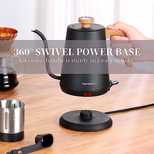 Nueve&Five Gooseneck Electric Kettle with Thermometer， Black Electric Kettle 1L with Auto Shut-Off，1000W Hot Water Kettle of Stainless Steel， Pour Over Kettle for Coffee & Tea