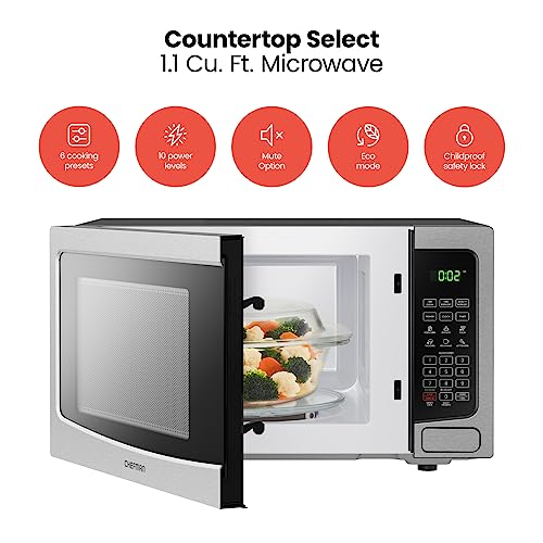 Chefman Countertop Microwave Oven 1.1 Cu. Ft. Digital Stainless Steel Microwave 1000 Watts with 6 Auto Menus, 10 Power Levels, Eco Mode, Memory, Mute Function, Child Safety Lock, Easy Clean