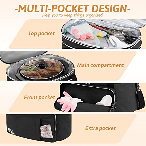 Golkcurx Double Layer Slow Cooker Bag for 6-8 Quart Oval CrockPot and Hamilton Beach Models, with Padded Adjustable Strap, Top Zip Compartment, and Front Pocket for Utensils(Bag Only)