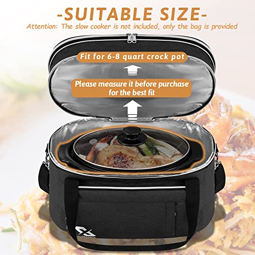 Golkcurx Double Layer Slow Cooker Bag for 6-8 Quart Oval CrockPot and Hamilton Beach Models, with Padded Adjustable Strap, Top Zip Compartment, and Front Pocket for Utensils(Bag Only)