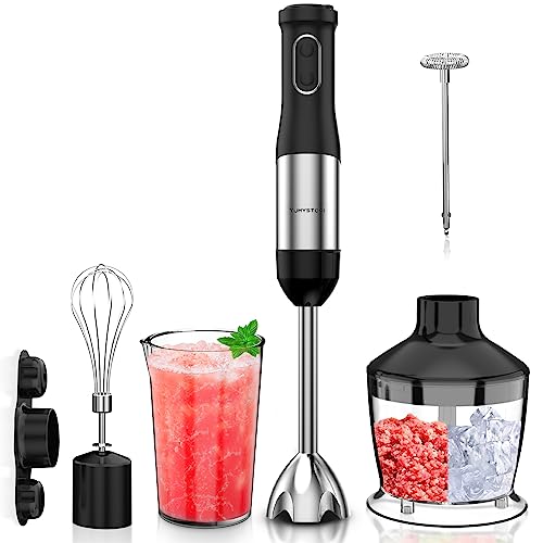 Immersion Blender 7 in 1 Hand Blender Ice Chopper 800W Heavy Duty Motor, 20 Speed and Turbo Mode Handheld Blender Stainless Steel Blade with Ice Crush Blade, Storage Bracket, 500ML Chopper, 600ML Mixing Beaker, Whisk, Milk Frother