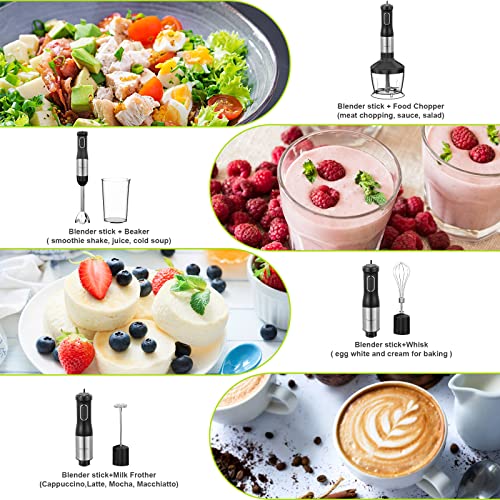 Immersion Blender 7 in 1 Hand Blender Ice Chopper 800W Heavy Duty Motor, 20 Speed and Turbo Mode Handheld Blender Stainless Steel Blade with Ice Crush Blade, Storage Bracket, 500ML Chopper, 600ML Mixing Beaker, Whisk, Milk Frother