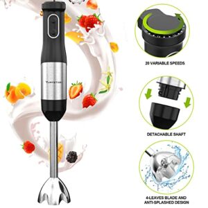 Immersion Blender 7 in 1 Hand Blender Ice Chopper 800W Heavy Duty Motor, 20 Speed and Turbo Mode Handheld Blender Stainless Steel Blade with Ice Crush Blade, Storage Bracket, 500ML Chopper, 600ML Mixing Beaker, Whisk, Milk Frother