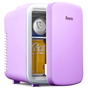 reemix mini fridge, 3.7 liter/6 can portable cooler and warmer personal refrigerator for skin care, cosmetics, beverage, food,great for bedroom, office, car, freon-free (purple)