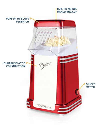 Nostalgia Hot-Air Electric Popcorn Maker, 8 Cups, Healthy Oil Free Popcorn with Measuring Scoop, Retro Red