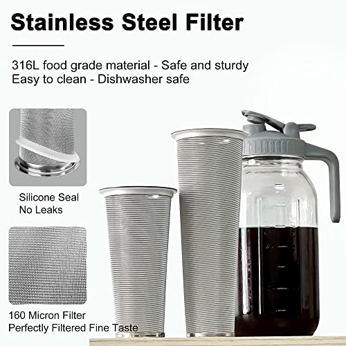 OneDream Cold Brew Coffee Maker - 2 Quart 64oz Stainless Steel Filter Cold Brew Pitcher Jar, No Leaks Cold Brew Mason Jar Coffee Maker, Easy to Clean Cold Coffee Maker