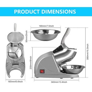 BI-DTOOL Electric Ice Crusher Triple Blades Ice Crusher Shaver 286lbs/hr Stainless Steel Shaved Ice Machine 380W Snow Cone Machine 1500 RPM Ice Shaving Machine Commercial And Domestic Silver