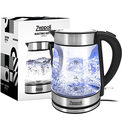 Zeppoli Electric Kettle - Glass Tea Kettle & Hot Water Boiler/Heater-Auto Shutoff (1.7L) & Boil-Dry Protection-Electric Tea Kettle Cordless & Portable with LED Indicator-Stainless Steel Lid & Bottom