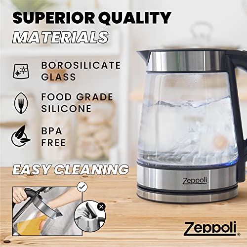 Zeppoli Electric Kettle - Glass Tea Kettle & Hot Water Boiler/Heater-Auto Shutoff (1.7L) & Boil-Dry Protection-Electric Tea Kettle Cordless & Portable with LED Indicator-Stainless Steel Lid & Bottom