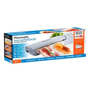 PowerXL Duo NutriSealer Food Vacuum Sealer Machine with Vacuum Seal Bags & Rolls, Double Airtight Sealing with Built-in Cutter, Small Snack Bag Capability, Safety Certified, Lab Tested, LED Indicator Lights, 11 inch (Slate)