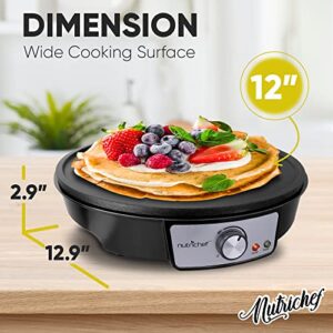 Electric Griddle Crepe Maker Cooktop - Nonstick 12 Inch Aluminum Hot Plate with LED Indicator Lights & Adjustable Temperature Control - Wooden Spatula & Batter Spreader Included - NutriChef PCRM12